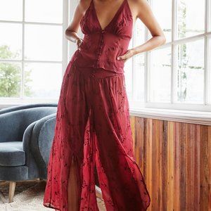 Anthropologie Burgundy Embroidered Sheer Pajama Set